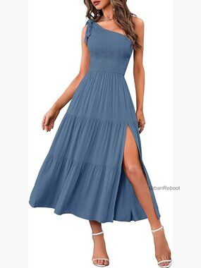 Women's Sleeveless One Shoulder Knot Smocked Split Midi Dress Formal Wedding